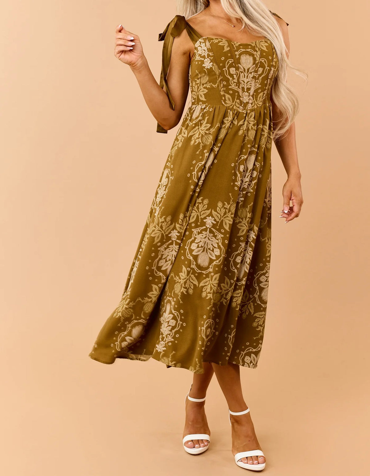Rich Mocha Medallion Floral Corset Bodice Midi Dress