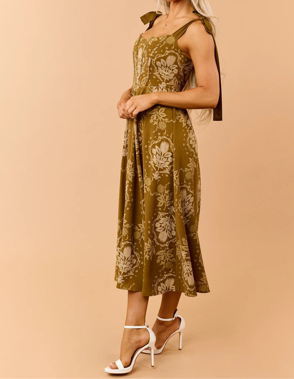 Rich Mocha Medallion Floral Corset Bodice Midi Dress