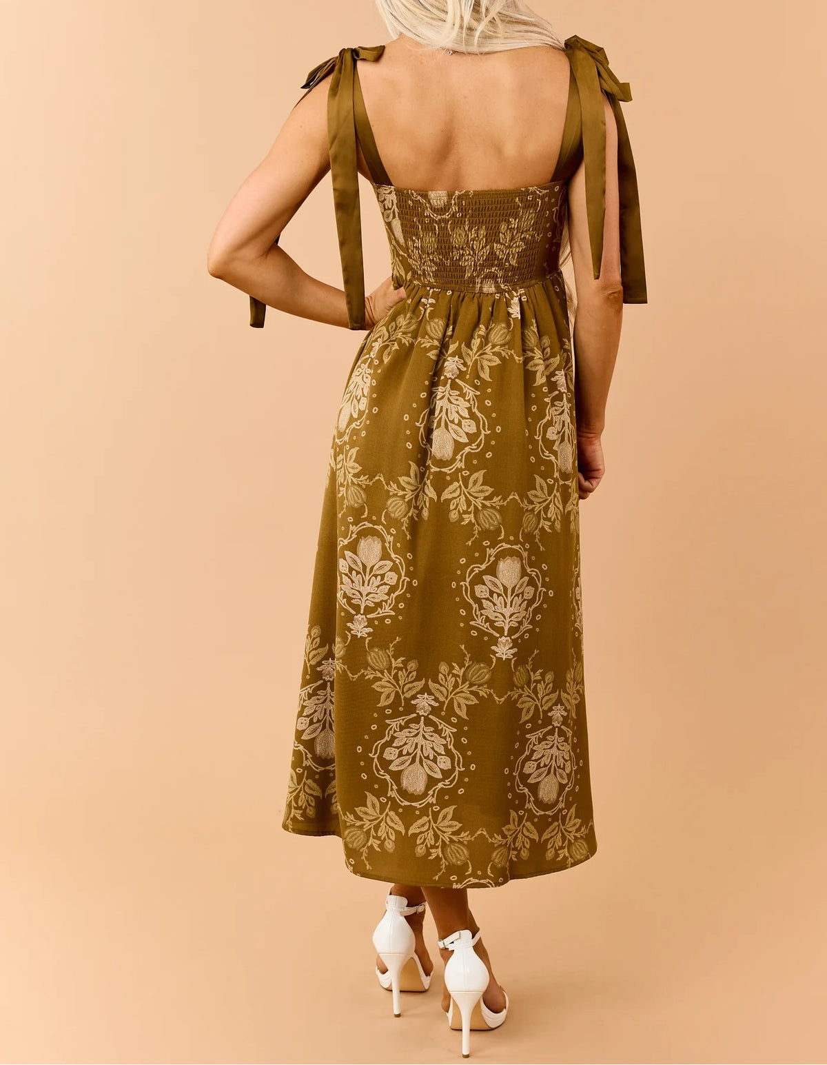 Rich Mocha Medallion Floral Corset Bodice Midi Dress