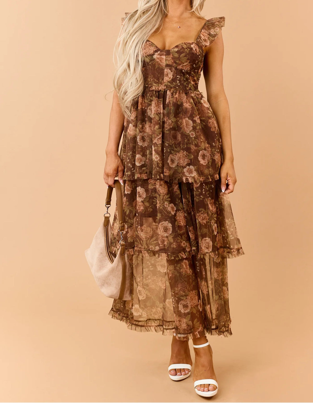 Chocolate Floral Tiered Chiffon Corset Style Maxi Dress