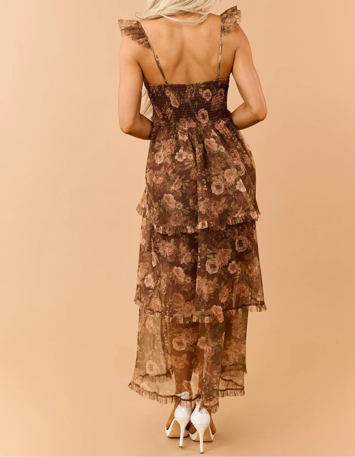Chocolate Floral Tiered Chiffon Corset Style Maxi Dress