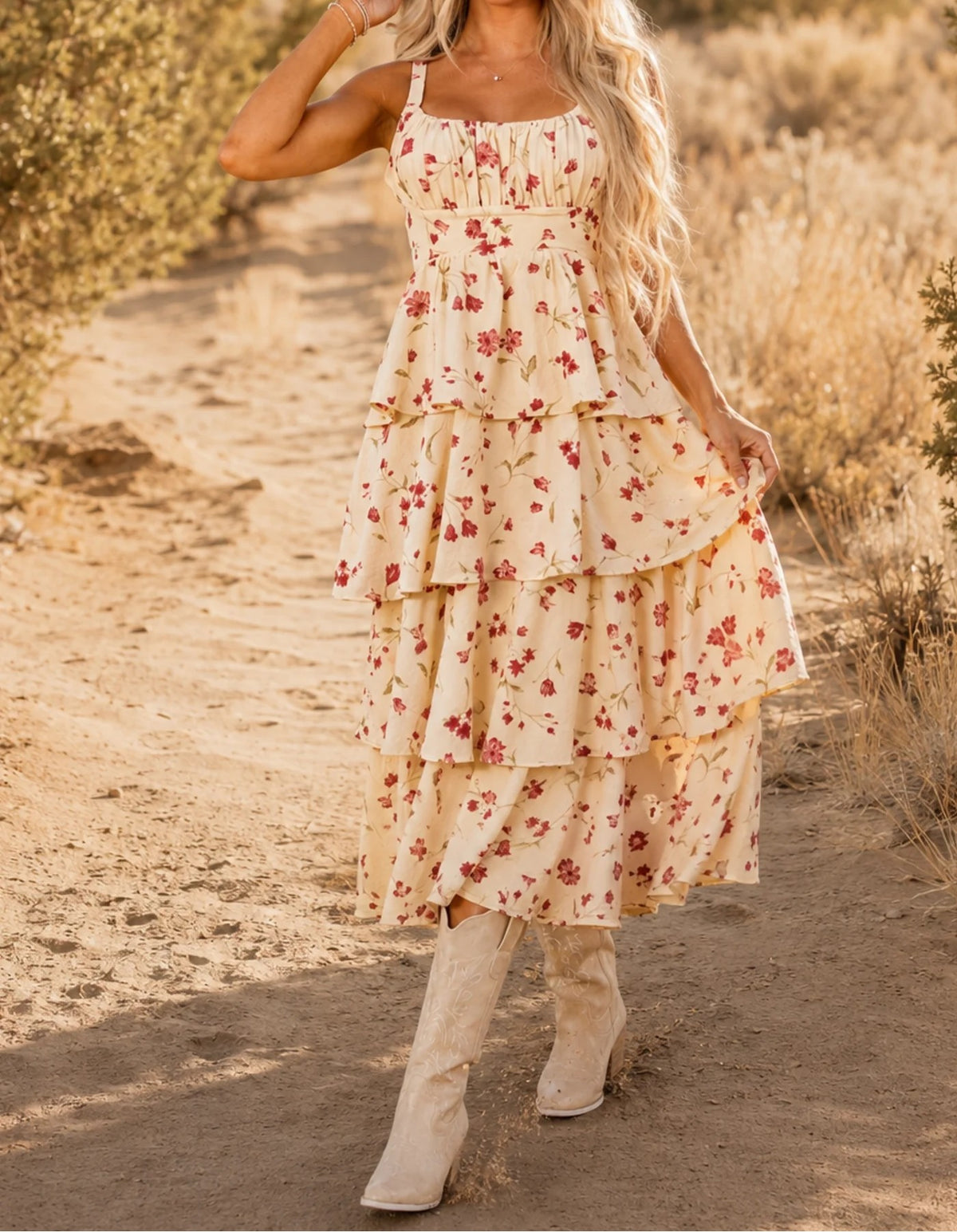 Cream Floral Spaghetti Strap Tiered Midi Dress