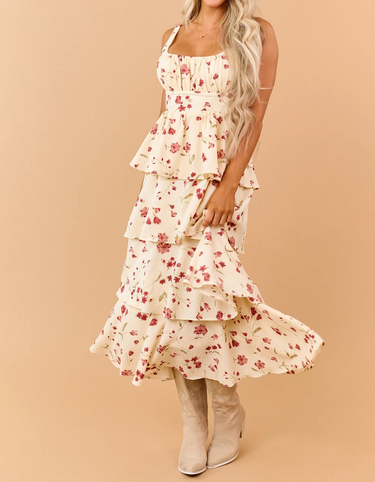 Cream Floral Spaghetti Strap Tiered Midi Dress