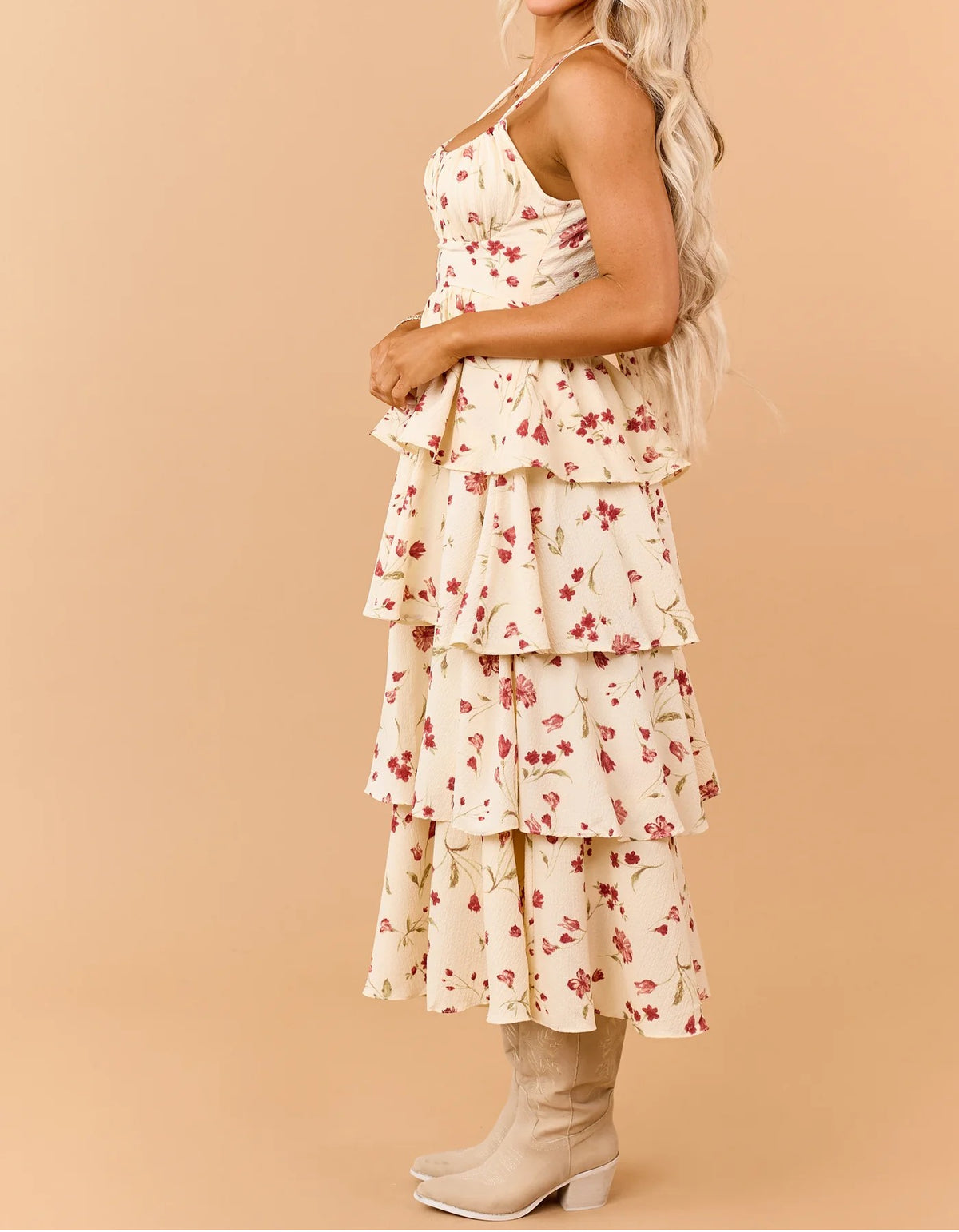 Cream Floral Spaghetti Strap Tiered Midi Dress