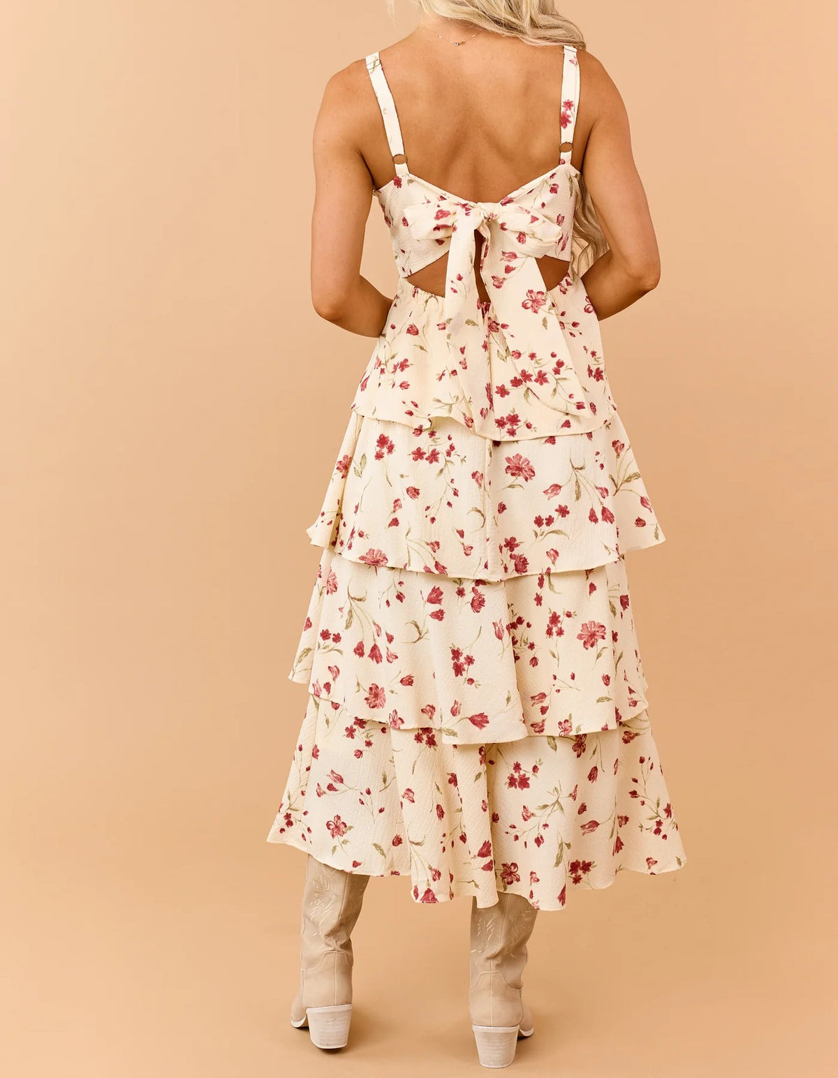 Cream Floral Spaghetti Strap Tiered Midi Dress