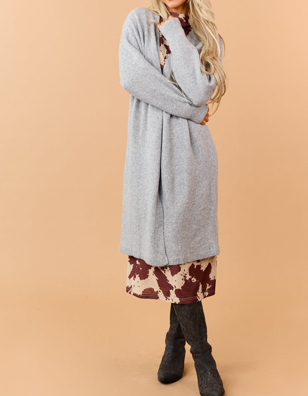 Heather Grey Longline Ribbed Knit Cardigan