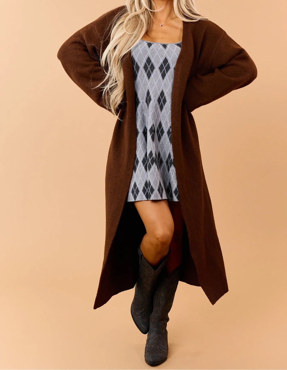 Dark brown long-line drop-shoulder cardigan