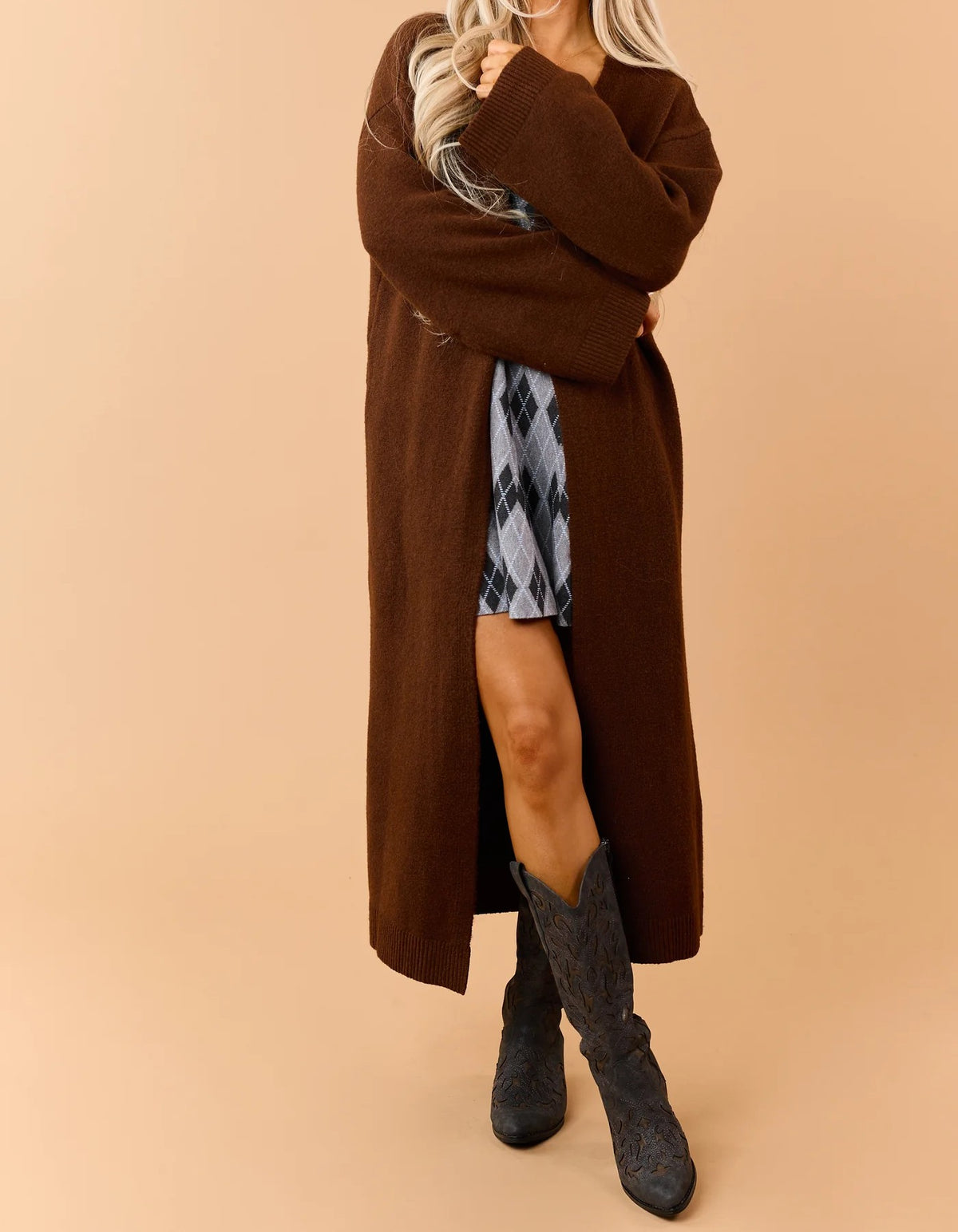 Dark brown long-line drop-shoulder cardigan