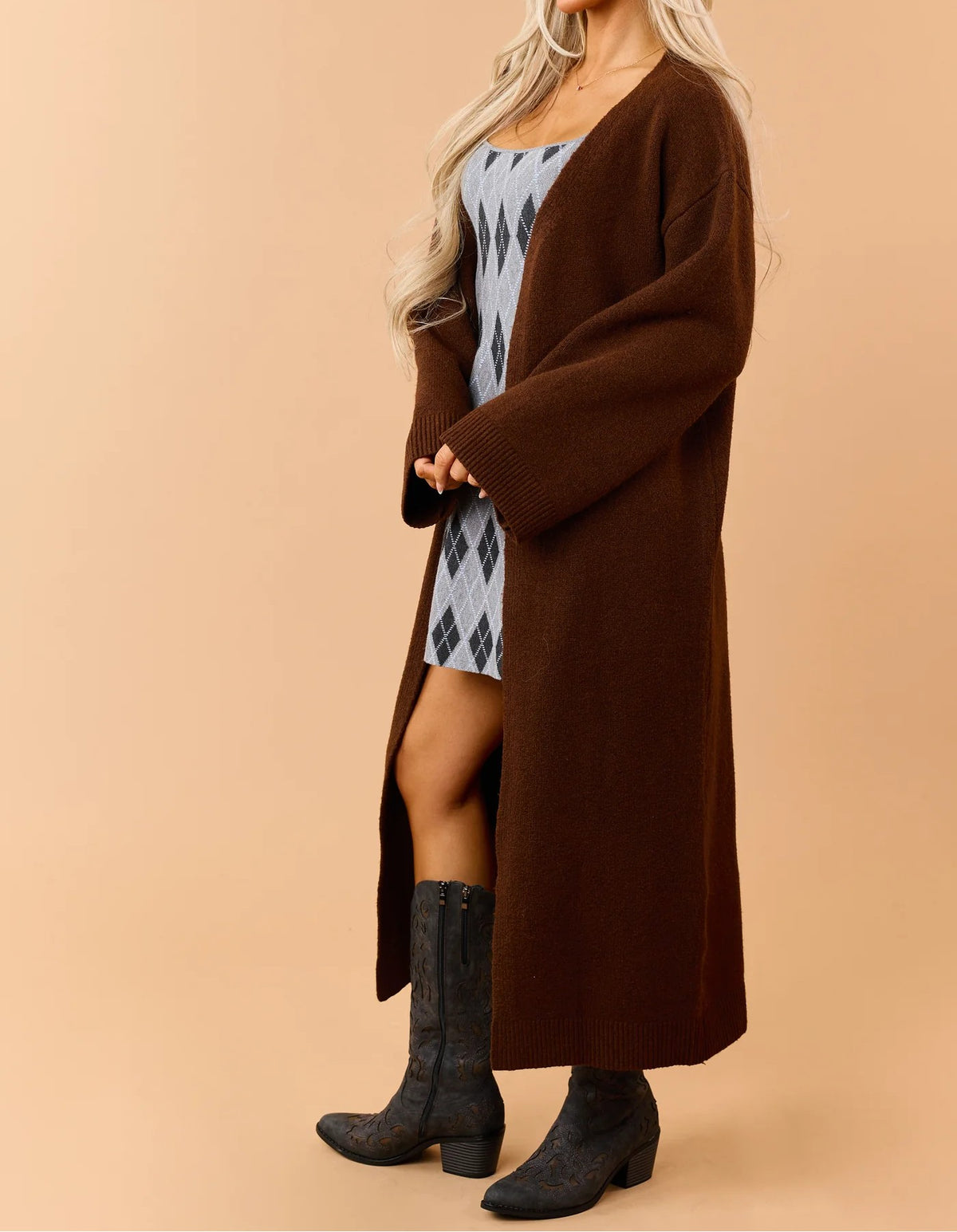 Dark brown long-line drop-shoulder cardigan