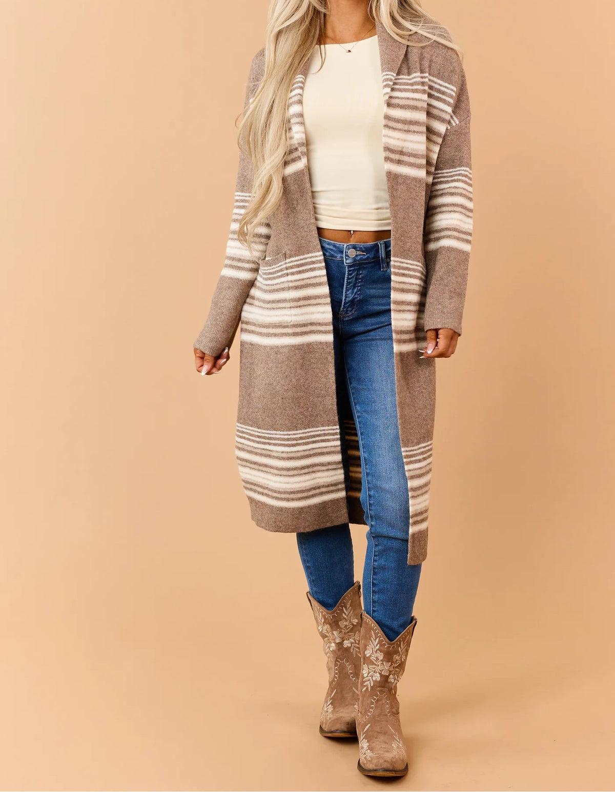 Mocha Taupe Striped Shawl Collar Long Knit Cardigan