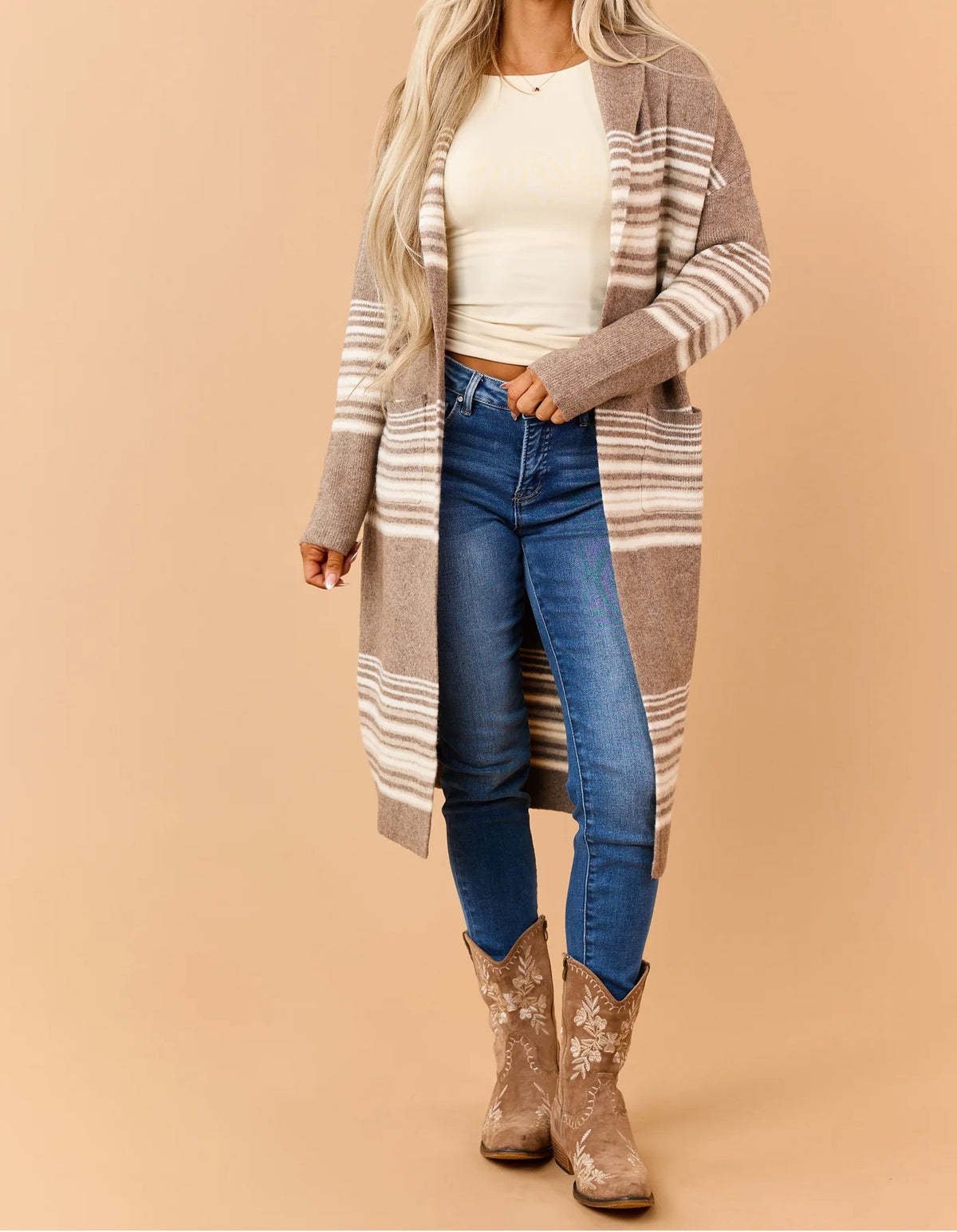 Mocha Taupe Striped Shawl Collar Long Knit Cardigan