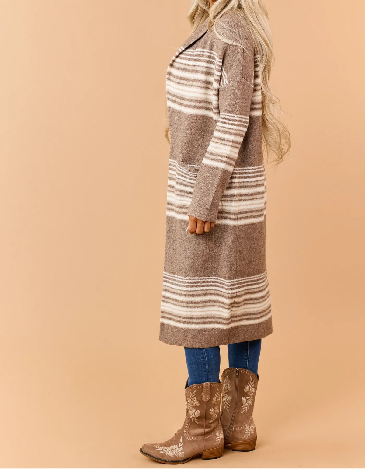 Mocha Taupe Striped Shawl Collar Long Knit Cardigan