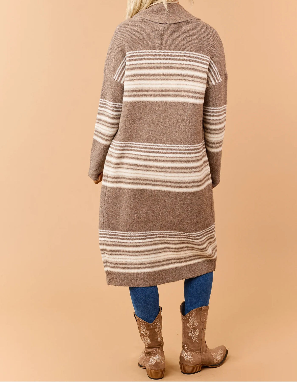 Mocha Taupe Striped Shawl Collar Long Knit Cardigan